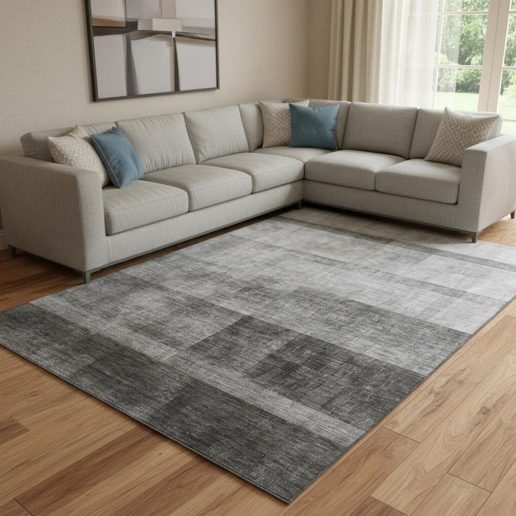 649630 10 x 14 ft. Gray & Ivory Abstract Transitional Washable Machine Made Rectangle Area Rug with UV Protection