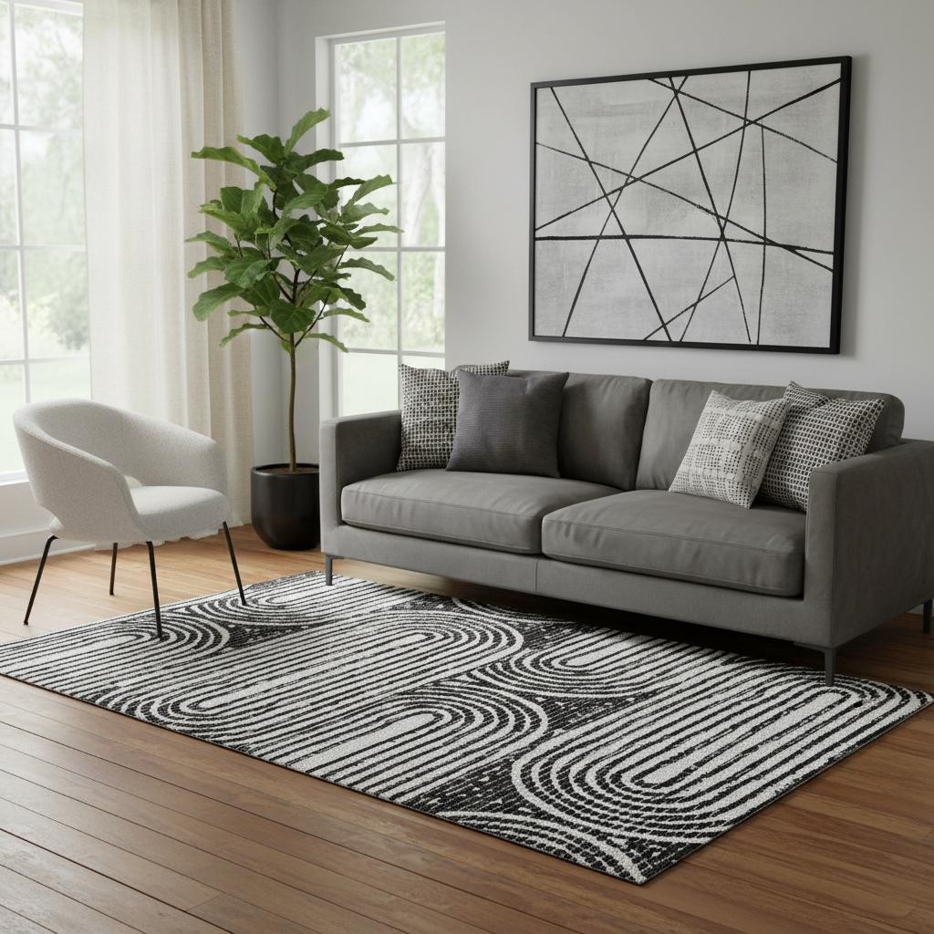 648222 5 x 8 ft. Black & Ivory Geometric Contemporary Washable Machine Made Rectangle Area Rug with UV Protection