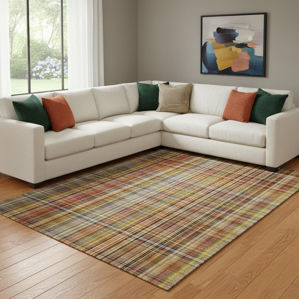 648286 10 x 14 ft. Rust Gold & Green Plaid Washable Machine Made Rectangle Area Rug with UV Protection