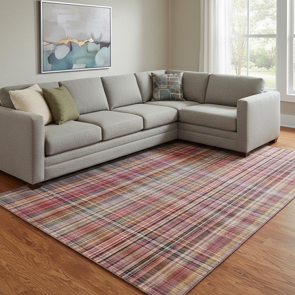 648298 10 x 14 ft. Red, Ivory & Gold Plaid Washable Machine Made Rectangle Area Rug with UV Protection