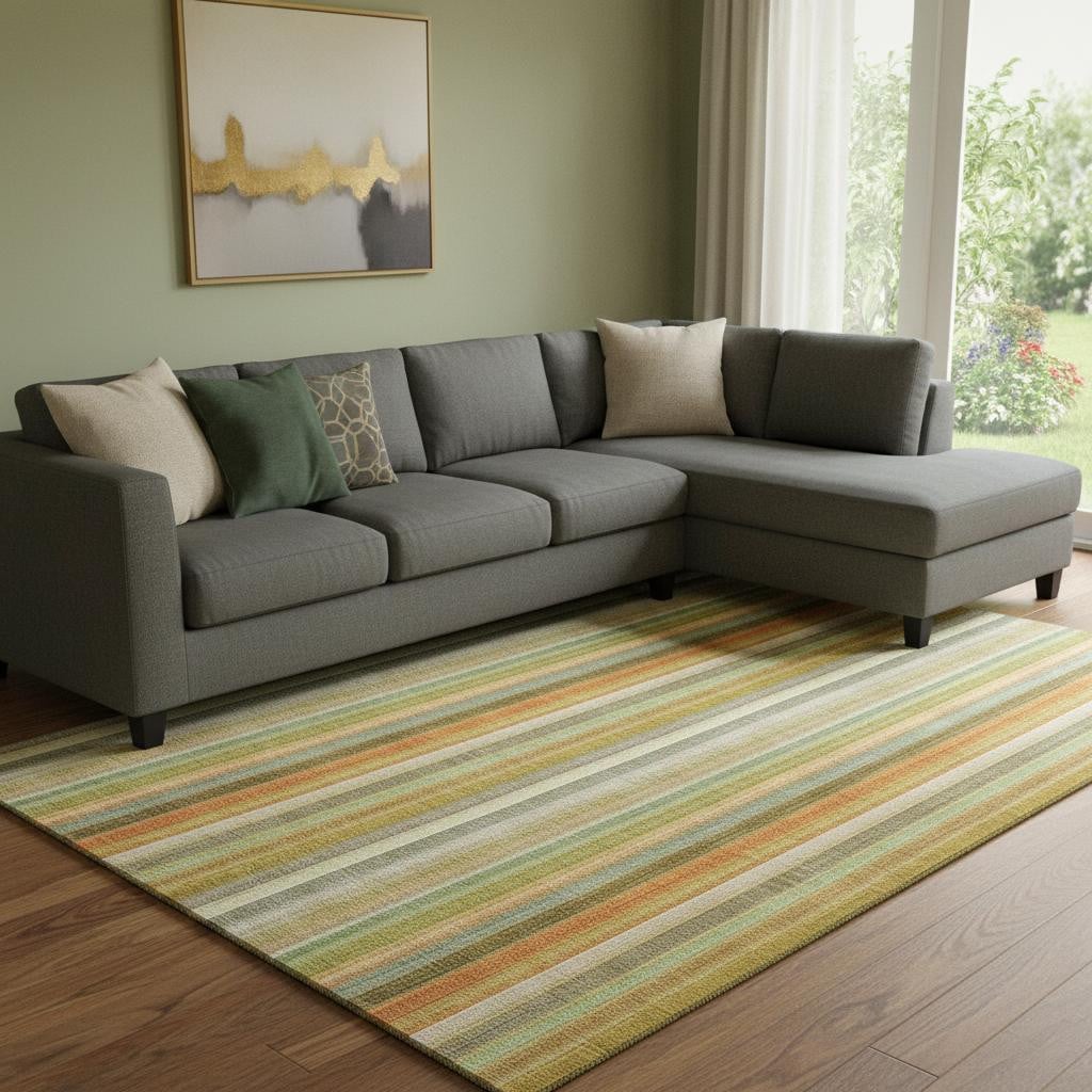 648394 10 x 14 ft. Khaki, Orange & Beige Striped Washable Machine Made Rectangle Area Rug with UV Protection