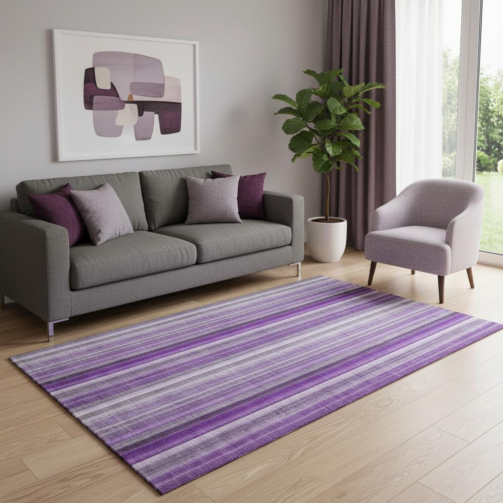 648402 5 x 8 ft. Purple & Ivory Striped Transitional Washable Machine Made Rectangle Area Rug with UV Protection