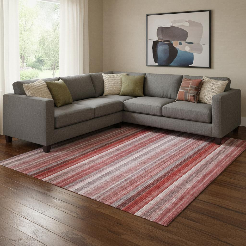 648412 10 x 14 ft. Red & Ivory Striped Transitional Washable Machine Made Rectangle Area Rug with UV Protection