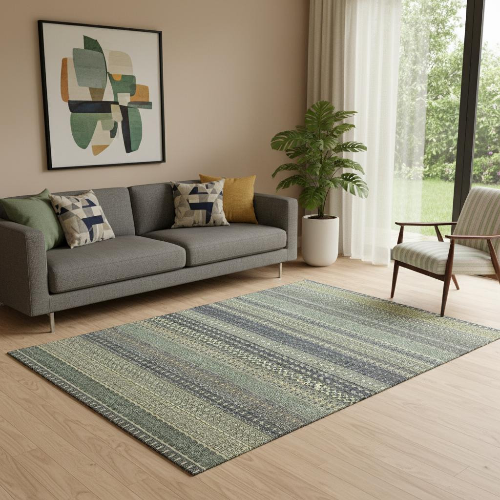 647550 5 x 8 ft. Sage Gray & Ivory Striped Washable Machine Made Rectangle Area Rug with UV Protection