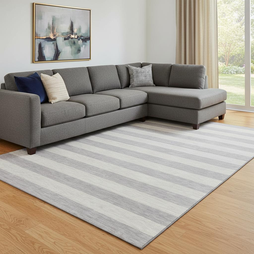 647764 10 x 14 ft. Pewter & Gray Striped Washable Machine Made Rectangle Area Rug with UV Protection