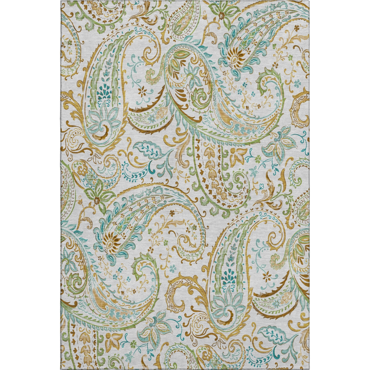 647976 5 x 8 ft. Ivory Blue & Green Paisley Washable Machine Made Rectangle Area Rug with UV Protection