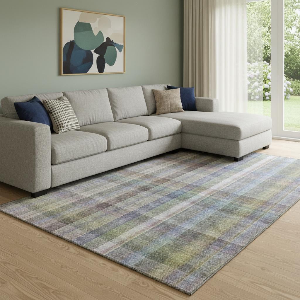 648028 10 x 14 ft. Pewter & Purple Plaid Washable Machine Made Rectangle Area Rug with UV Protection