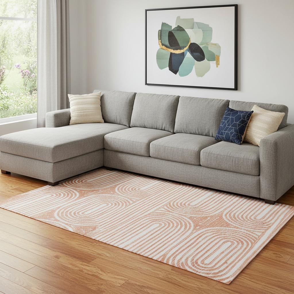 648262 10 x 14 ft. Salmon & Ivory Geometric Contemporary Washable Machine Made Rectangle Area Rug with UV Protection
