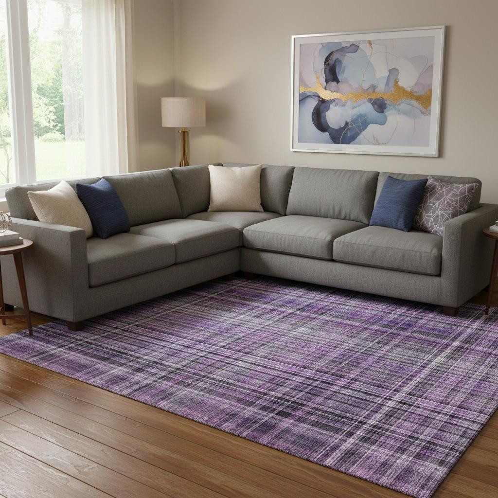 648292 10 x 14 ft. Purple & Gray Plaid Transitional Washable Machine Made Rectangle Area Rug with UV Protection