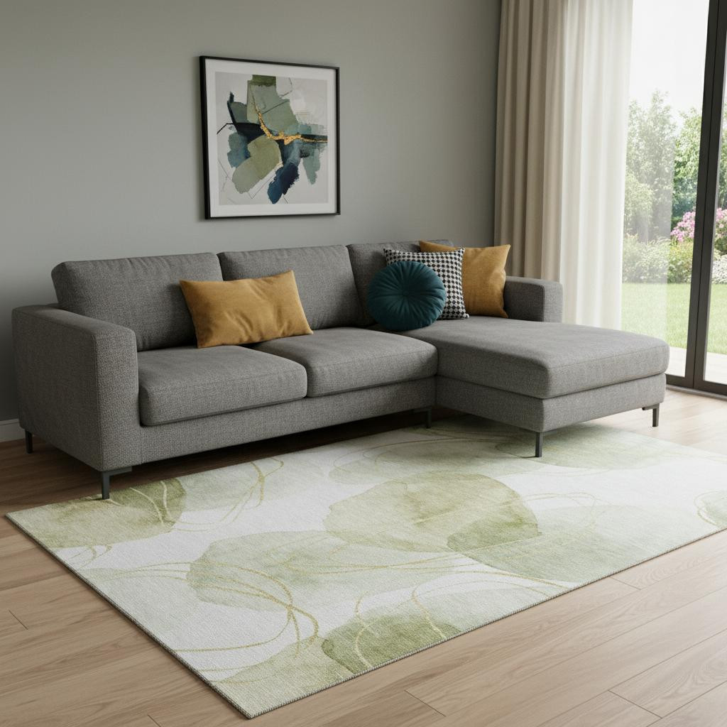 648424 10 x 14 ft. Green, Gold & Ivory Abstract Washable Machine Made Rectangle Area Rug with UV Protection