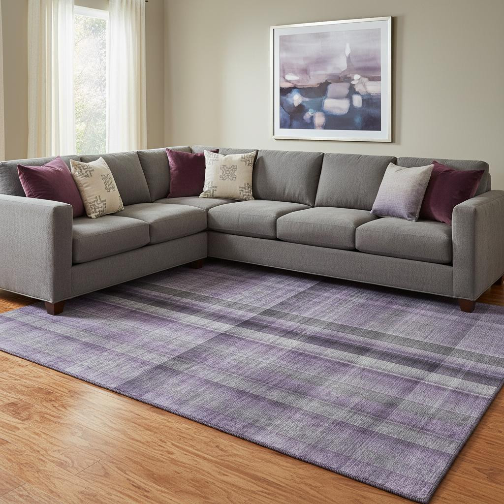 648514 10 x 14 ft. Purple & Gray Plaid Transitional Washable Machine Made Rectangle Area Rug with UV Protection