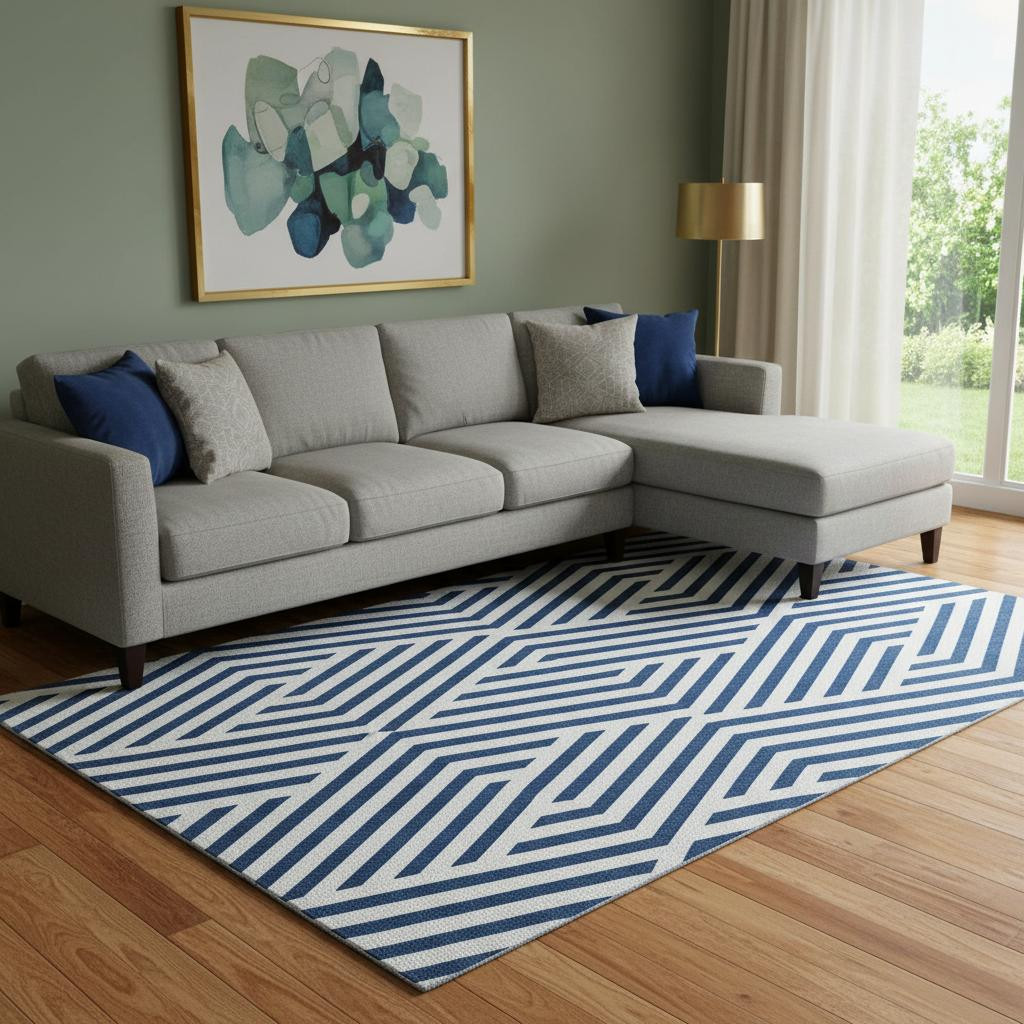 648568 10 x 14 ft. Navy Blue & Ivory Geometric Transitional Washable Machine Made Rectangle Area Rug with UV Protection