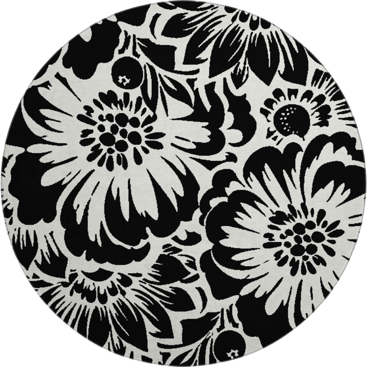 648619 8 ft. Black & Ivory Floral Transitional Washable Round Area Rug with UV Protection