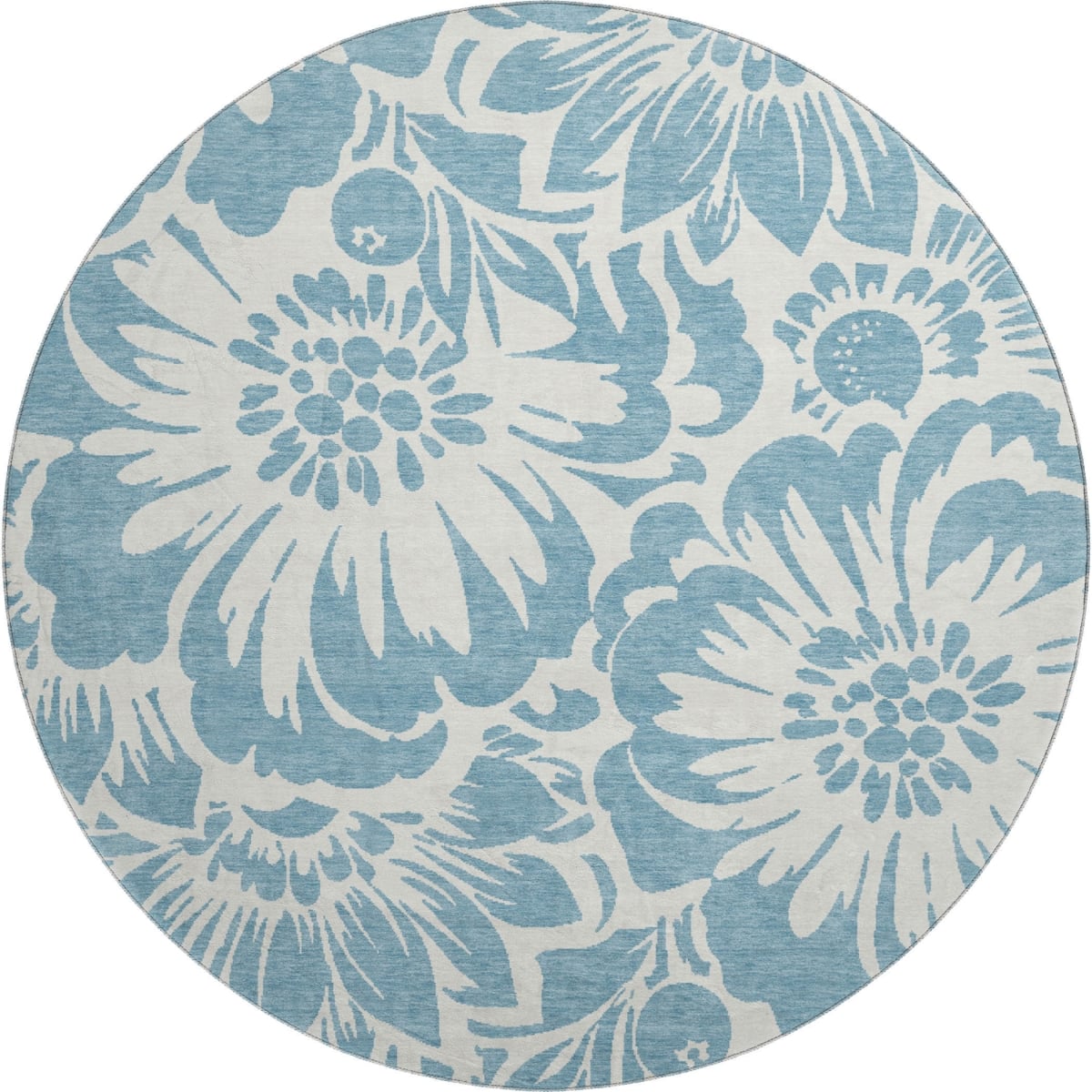 648637 8 ft. Denim Blue & Ivory Floral Transitional Washable Round Area Rug with UV Protection