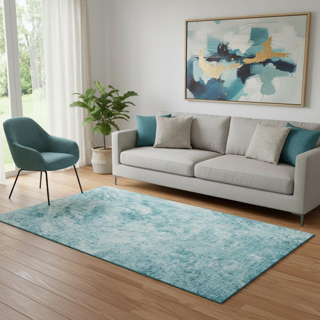 648792 5 x 8 ft. Teal & Ivory Abstract Transitional Washable Machine Made Rectangle Area Rug with UV Protection