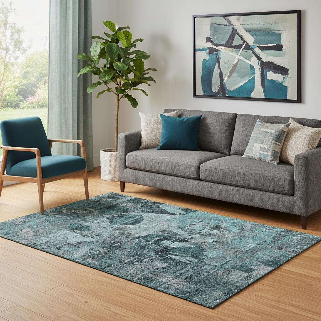 648876 5 x 8 ft. Teal & Gray Abstract Transitional Washable Machine Made Rectangle Area Rug with UV Protection