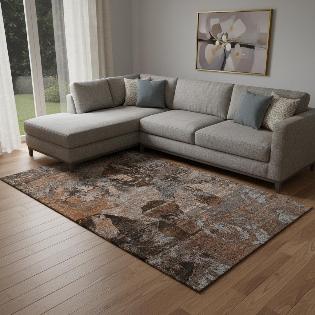 648886 10 x 14 ft. Terra Cotta & Gray Abstract Transitional Washable Machine Made Rectangle Area Rug with UV Protection