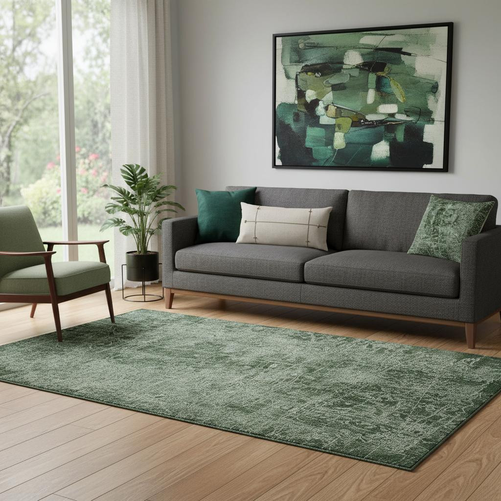 649020 5 x 8 ft. Emerald & Ivory Abstract Transitional Washable Machine Made Rectangle Area Rug with UV Protection