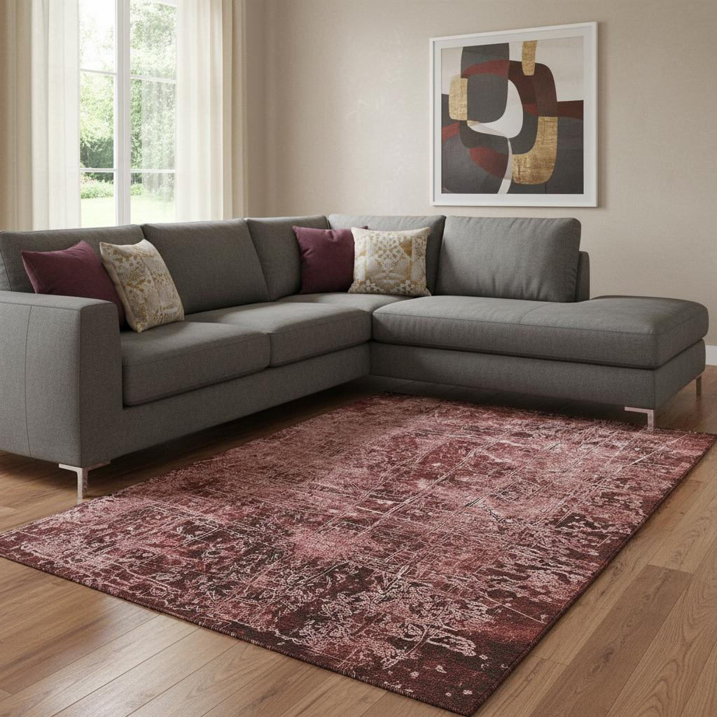 649042 10 x 14 ft. Merlot & Ivory Abstract Transitional Washable Machine Made Rectangle Area Rug with UV Protection