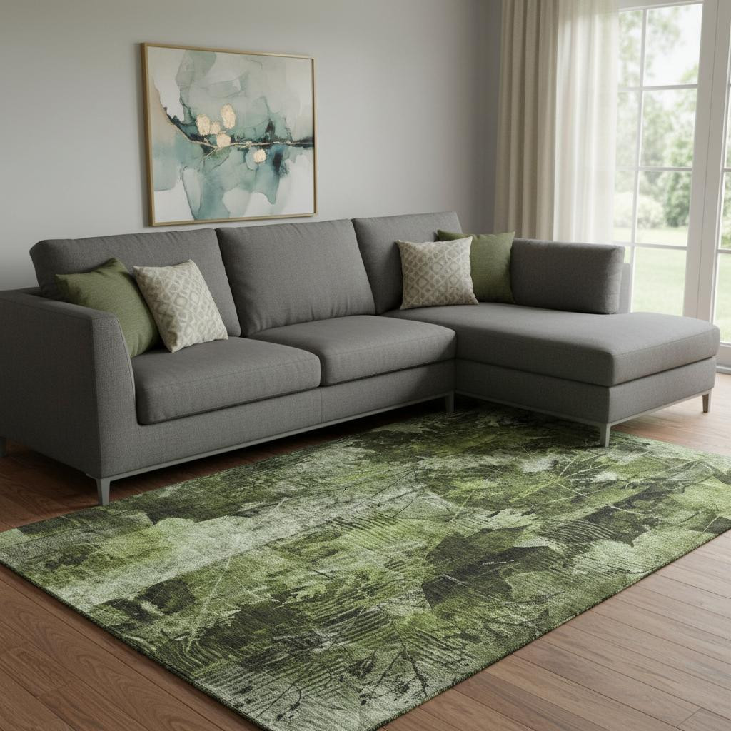 649072 10 x 14 ft. Green & Ivory Floral Transitional Washable Machine Made Rectangle Area Rug with UV Protection