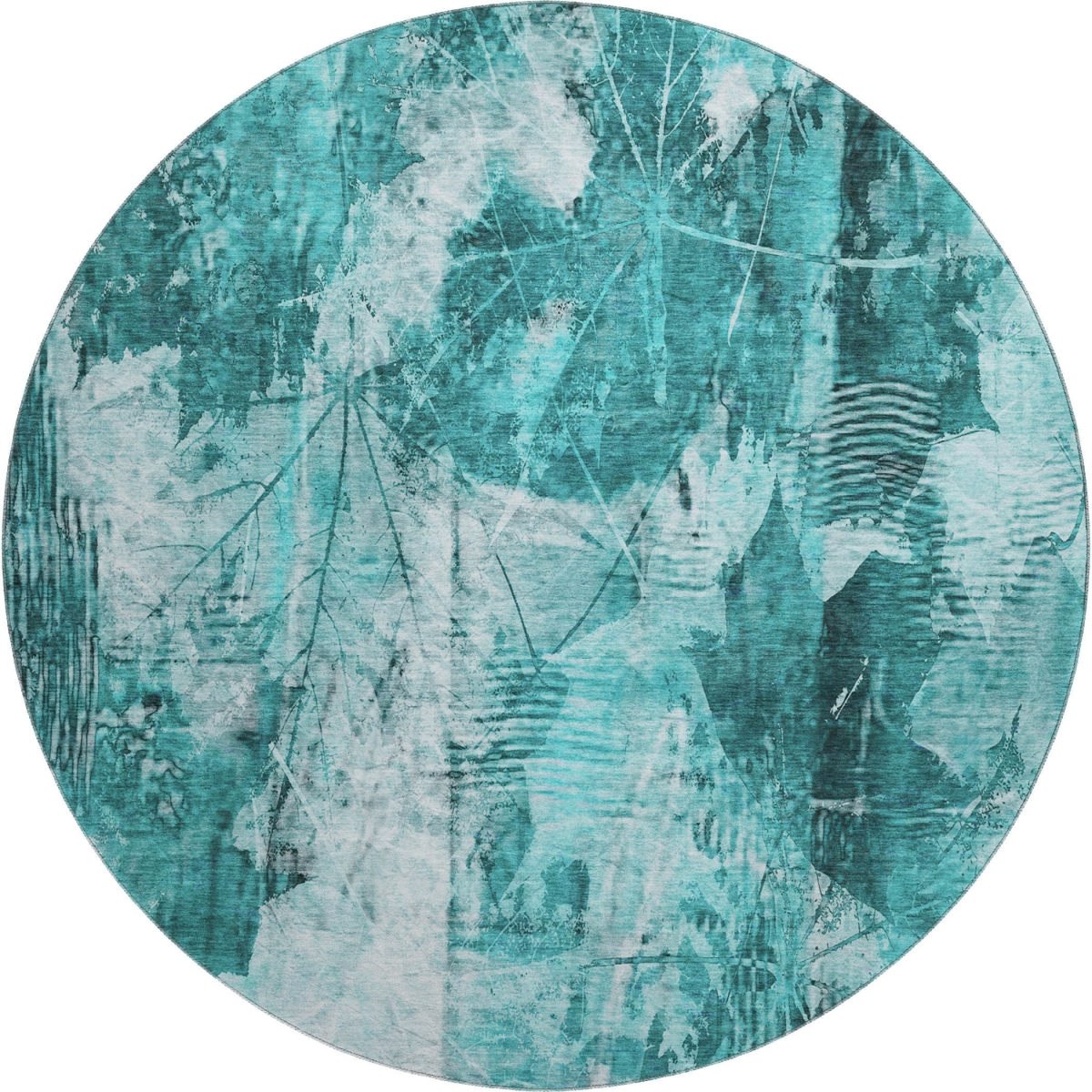 649093 8 ft. Teal & Ivory Floral Transitional Washable Round Area Rug with UV Protection