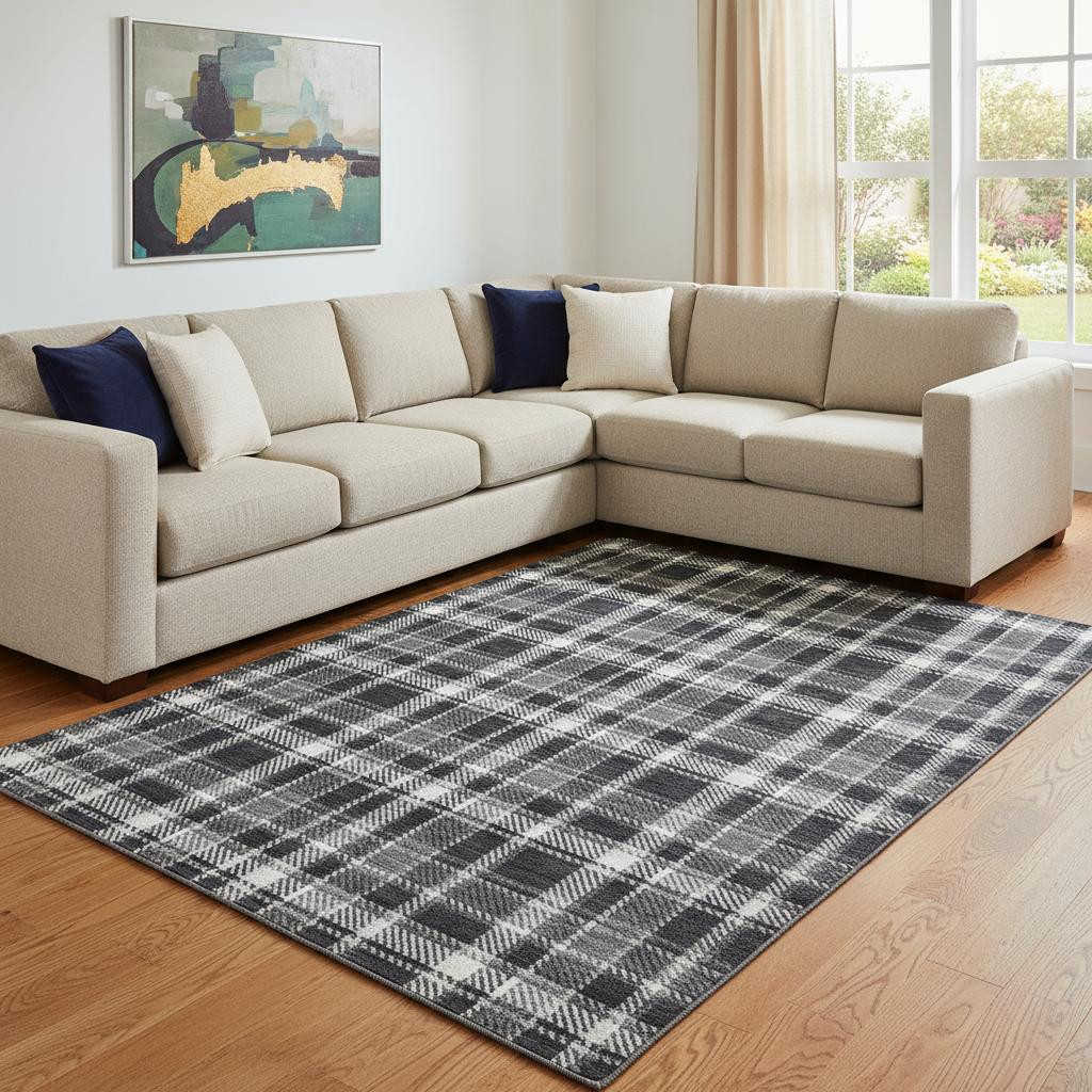 649426 10 x 14 ft. Black & Ivory Plaid Transitional Washable Machine Made Rectangle Area Rug with UV Protection