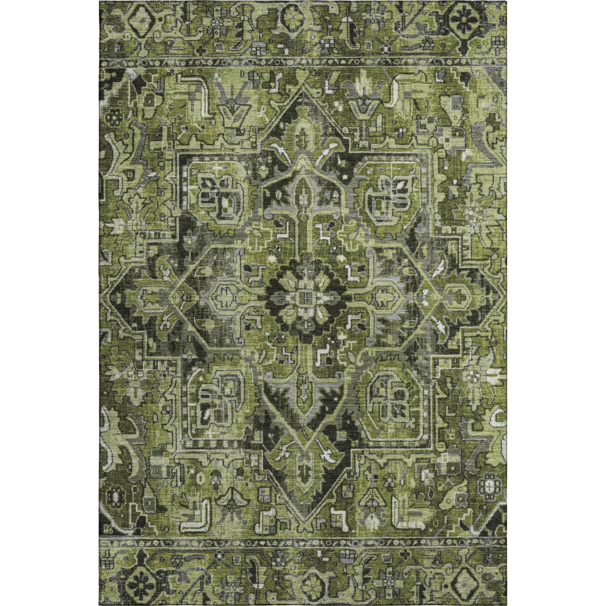 649716 5 x 8 ft. Olive Green, Gray & Ivory Oriental Washable Machine Made Rectangle Area Rug with UV Protection