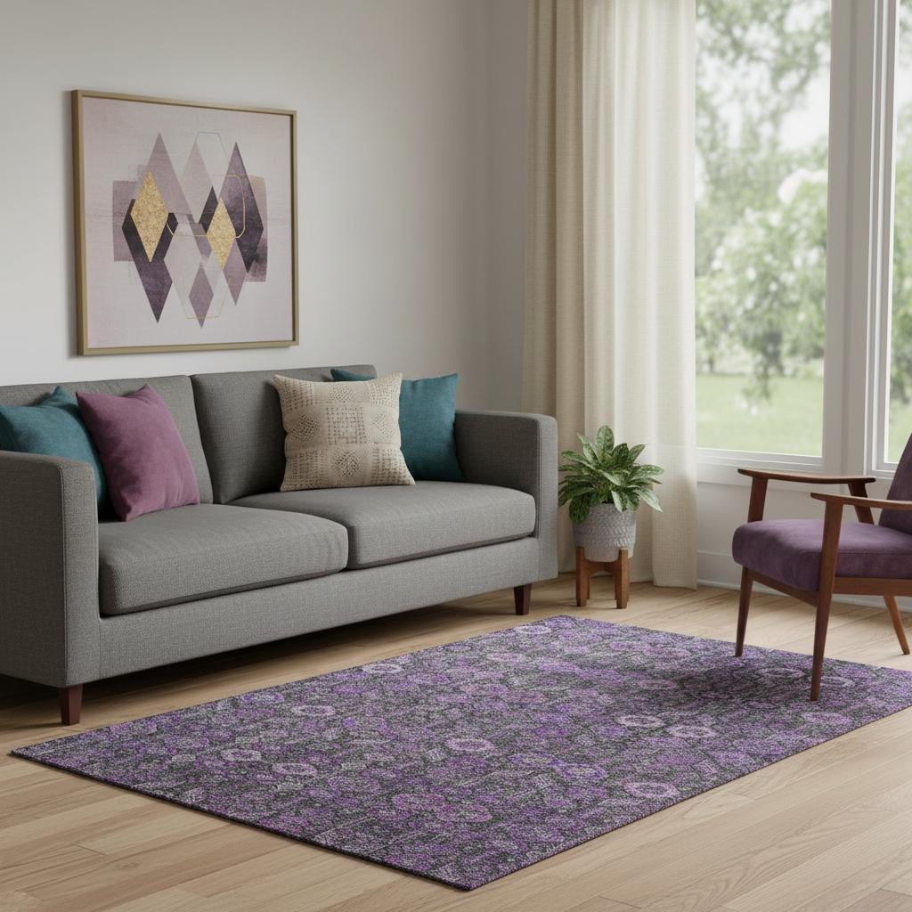 649890 5 x 8 ft. Purple & Ivory Tribal Washable Machine Made Rectangle Area Rug with UV Protection