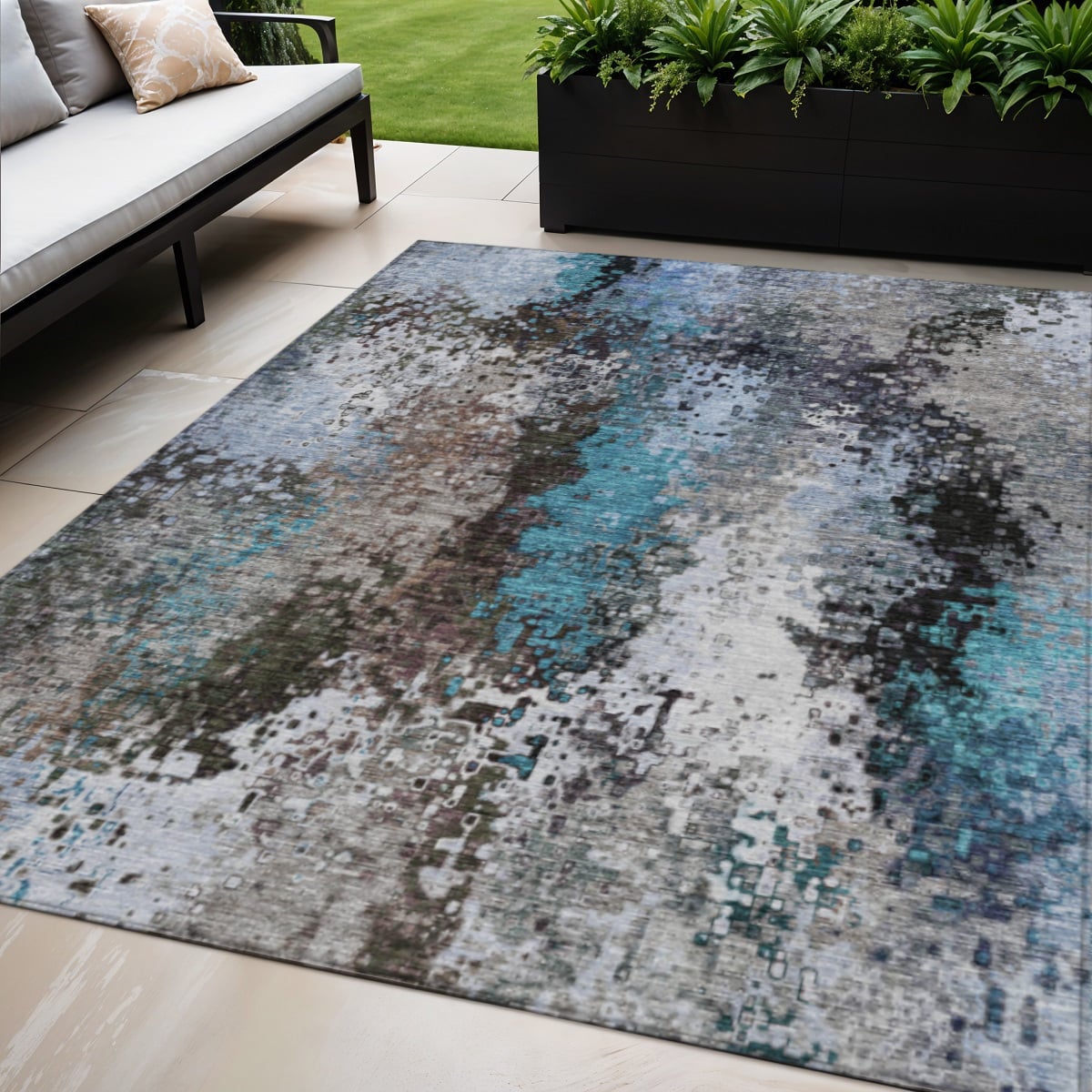 640011 5 x 8 ft. Khaki Ivory & Blue Abstract Washable Transitional Indoor & Outdoor Rectangle Area Rug