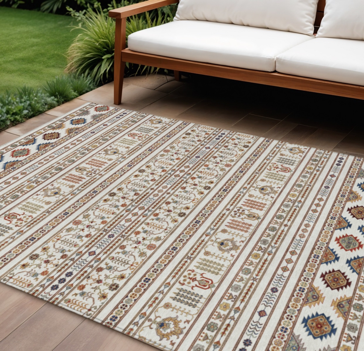 640050 9 x 12 ft. Ivory Blue & Copper Tribal Washable Transitional Indoor & Outdoor Rectangle Area Rug
