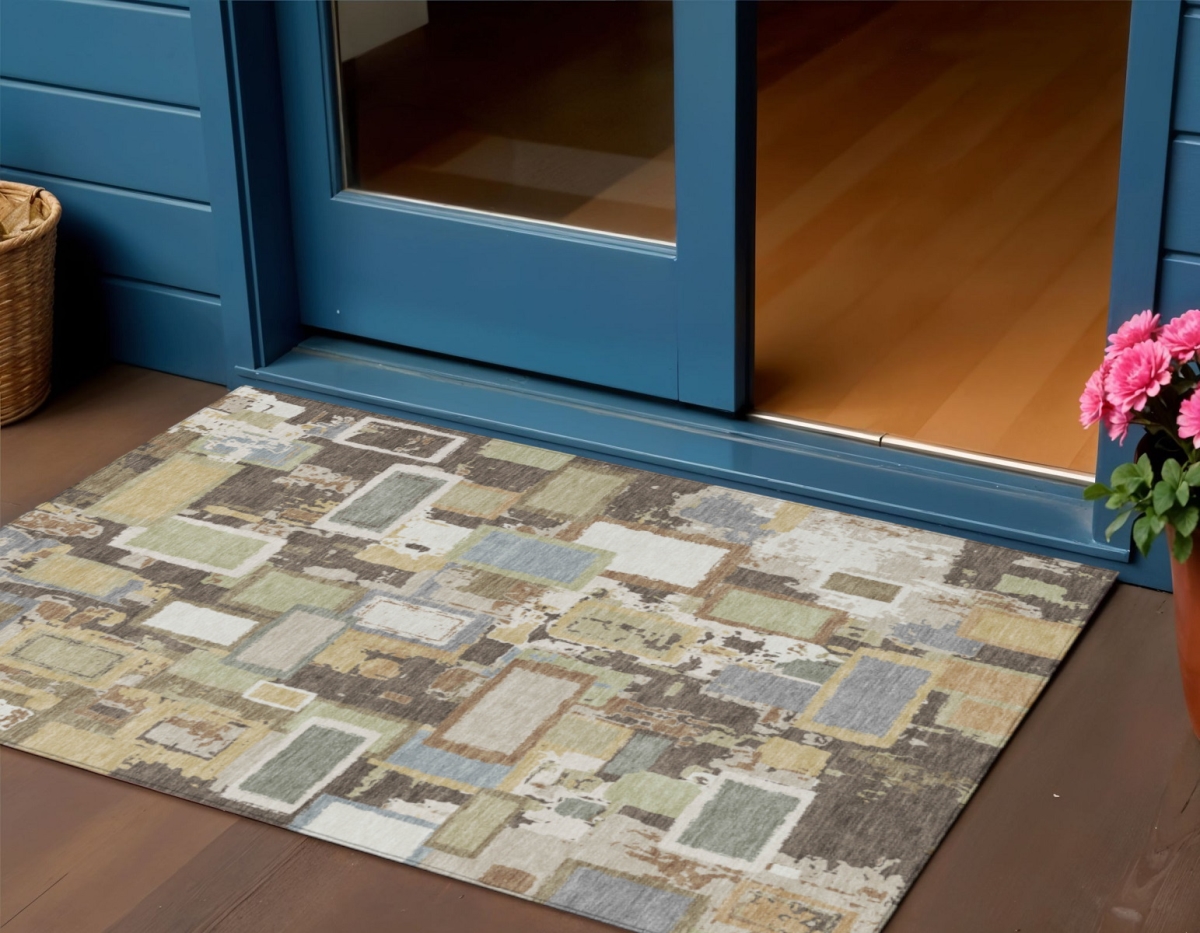 640100 3 x 5 ft. Brown Ivory & Gray Geometric Washable Transitional Indoor & Outdoor Rectangle Area Rug
