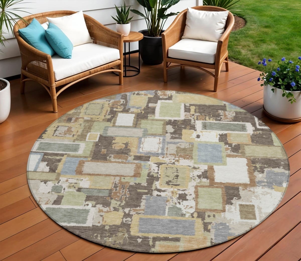 640114 8 ft. Ivory Gold & Blue Geometric Washable Transitional Indoor & Outdoor Round Area Rug