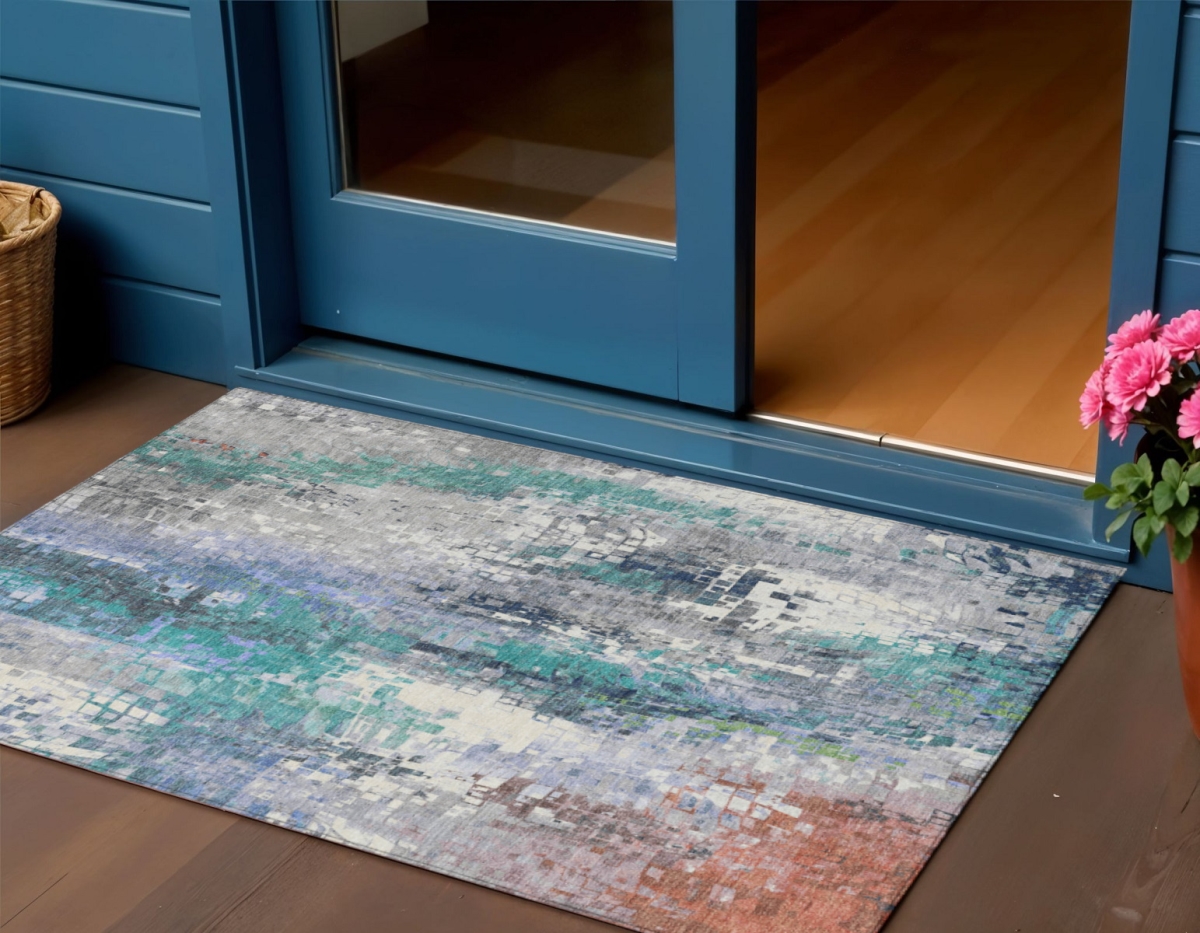 640592 3 x 5 ft. Teal Blue Ivory, Gray & Copper Abstract Washable Transitional Indoor & Outdoor Rectangle Area Rug