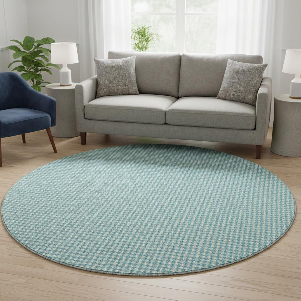 645142 8 ft. Aqua & White Houndstooth Washable Round Area Rug with UV Protection