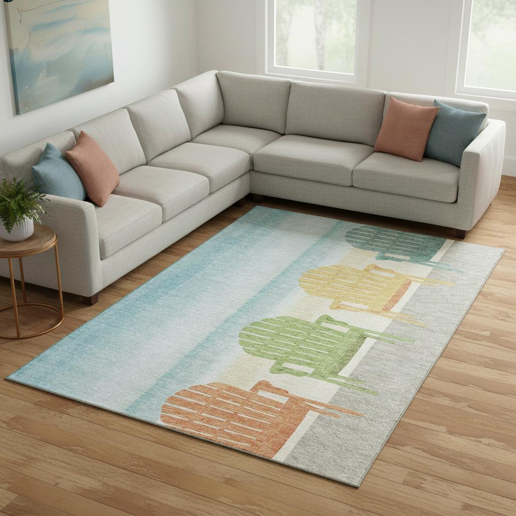 645360 9 x 12 ft. Aqua, Green & Orange Nautical Washable Machine Made Rectangle Area Rug with UV Protection