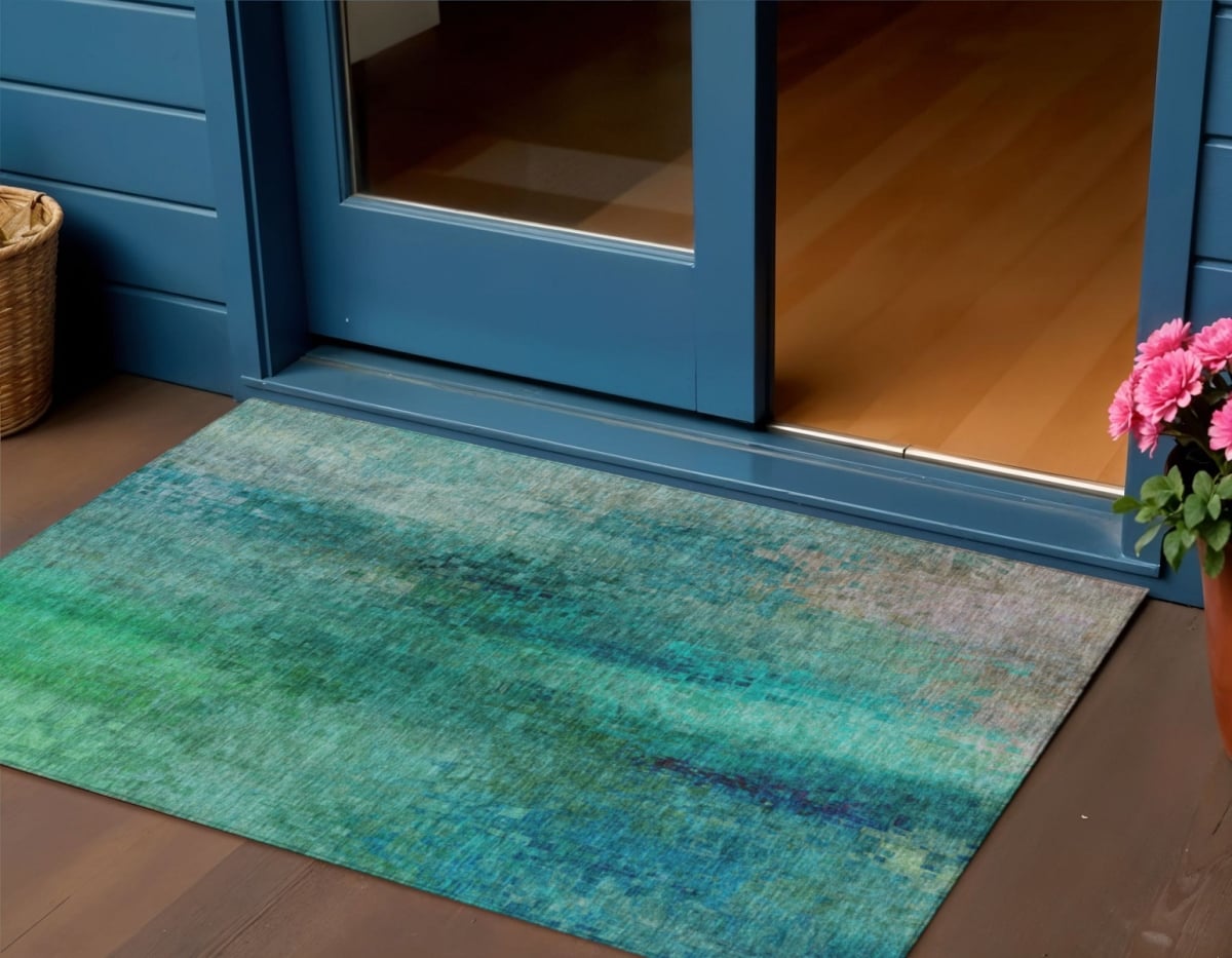 639941 3 x 5 ft. Teal, Blue & Green Abstract Washable Transitional Indoor & Outdoor Rectangle Area Rug