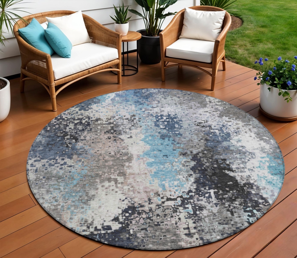 639988 8 ft. Denim Blue, Ivory & Gray Abstract Washable Transitional Indoor & Outdoor Round Area Rug
