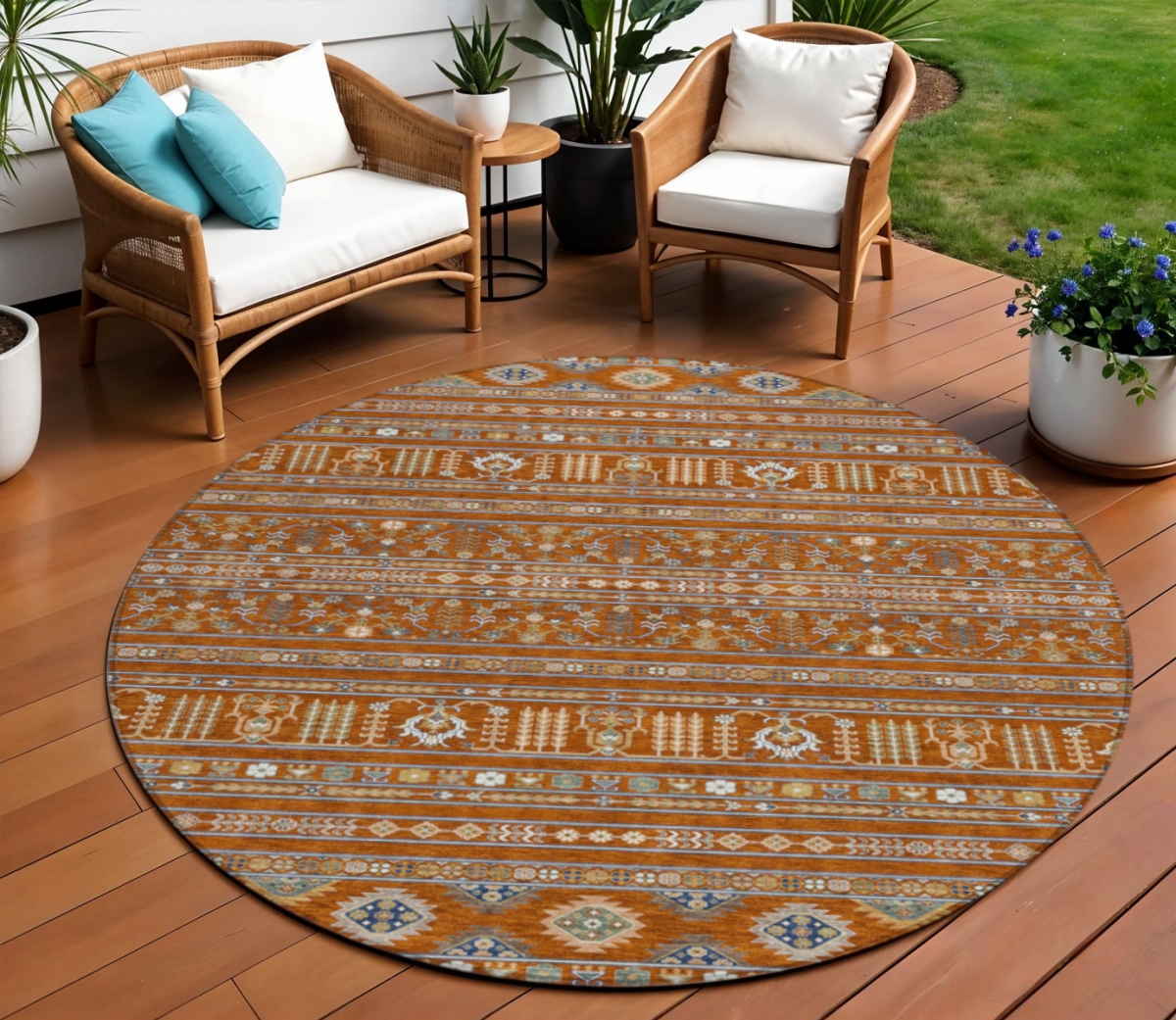 640060 8 ft. Rust Blue & Ivory Tribal Washable Transitional Indoor & Outdoor Round Area Rug
