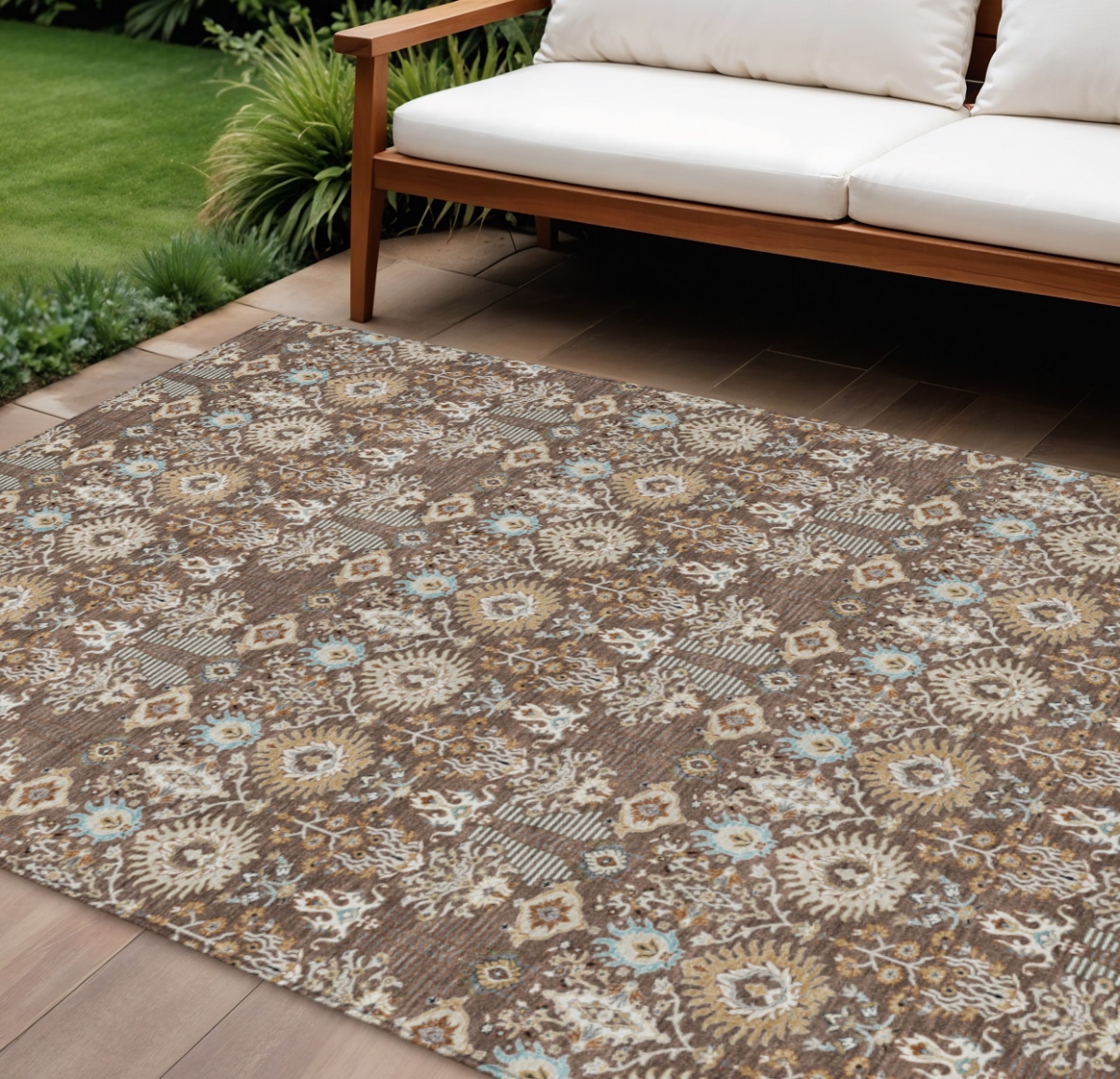 640482 9 x 12 ft. Brown & Beige Floral Washable Traditional Indoor & Outdoor Rectangle Area Rug