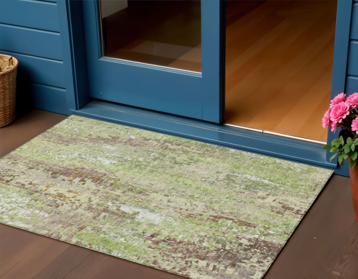 640568 3 x 5 ft. Green Tan & Ivory Abstract Washable Transitional Indoor & Outdoor Rectangle Area Rug