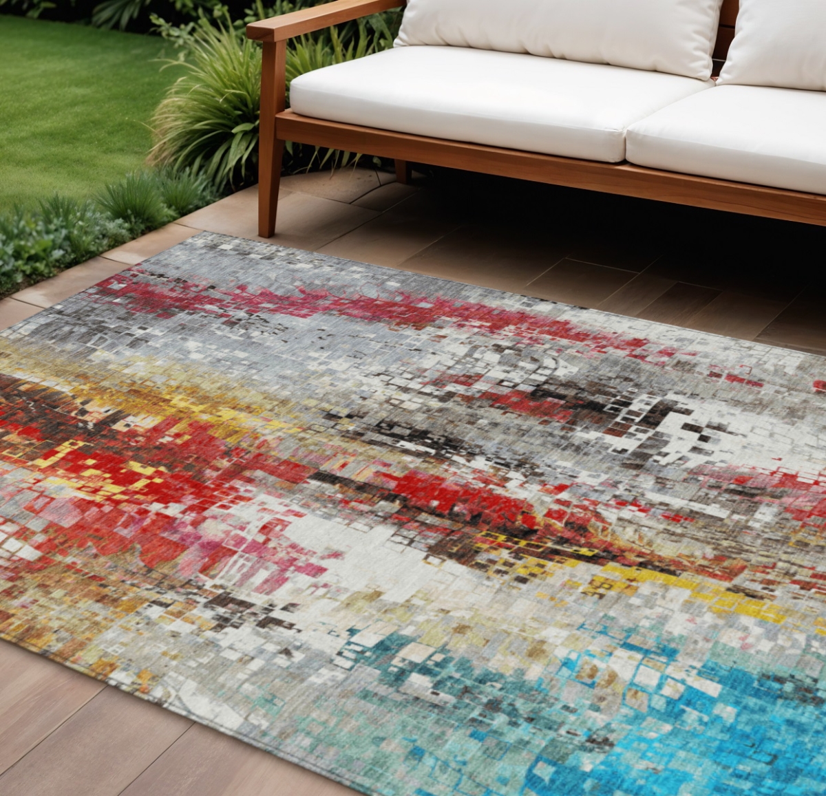 640590 9 x 12 ft. Silver Red Teal, Blue & Ivory Abstract Washable Transitional Indoor & Outdoor Rectangle Area Rug