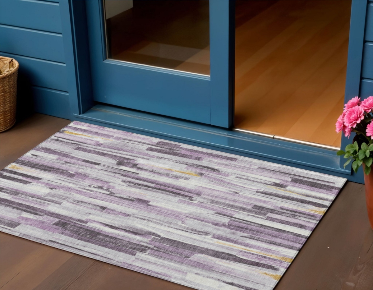 640610 3 x 5 ft. Lavender & Ivory Striped Washable Transitional Indoor & Outdoor Rectangle Area Rug