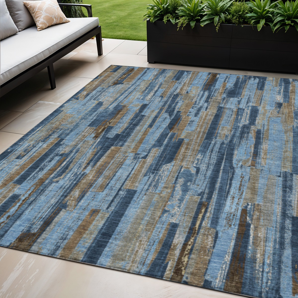 640617 5 x 8 ft. Navy Blue & Taupe Striped Washable Transitional Indoor & Outdoor Rectangle Area Rug