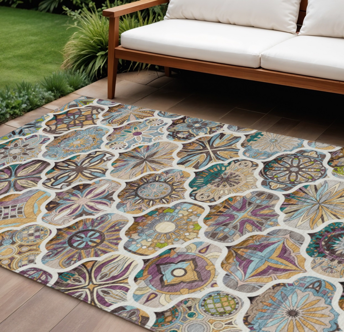 640657 10 x 14 ft. Beige Teal, Blue & Copper Quatrefoil Washable Transitional Indoor & Outdoor Rectangle Area Rug