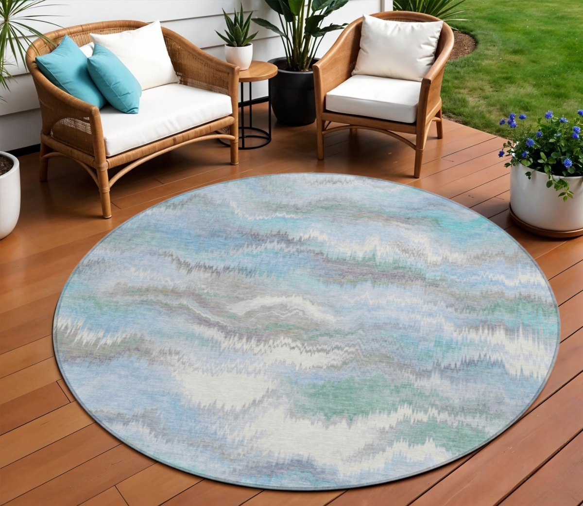640764 8 ft. Denim Blue & Ivory Abstract Washable Transitional Indoor & Outdoor Round Area Rug