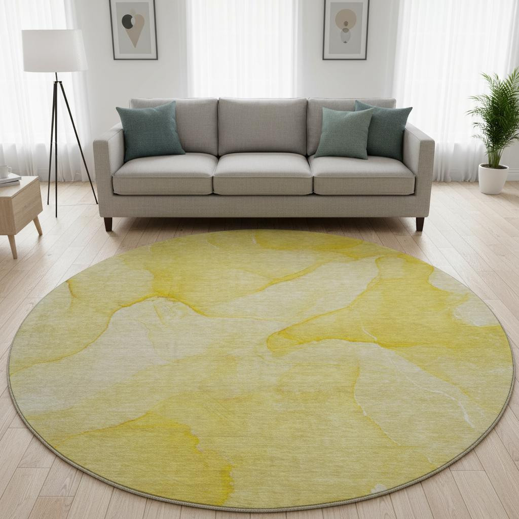 646939 8 ft. Gold & Ivory Abstract Transitional Washable Round Area Rug with UV Protection