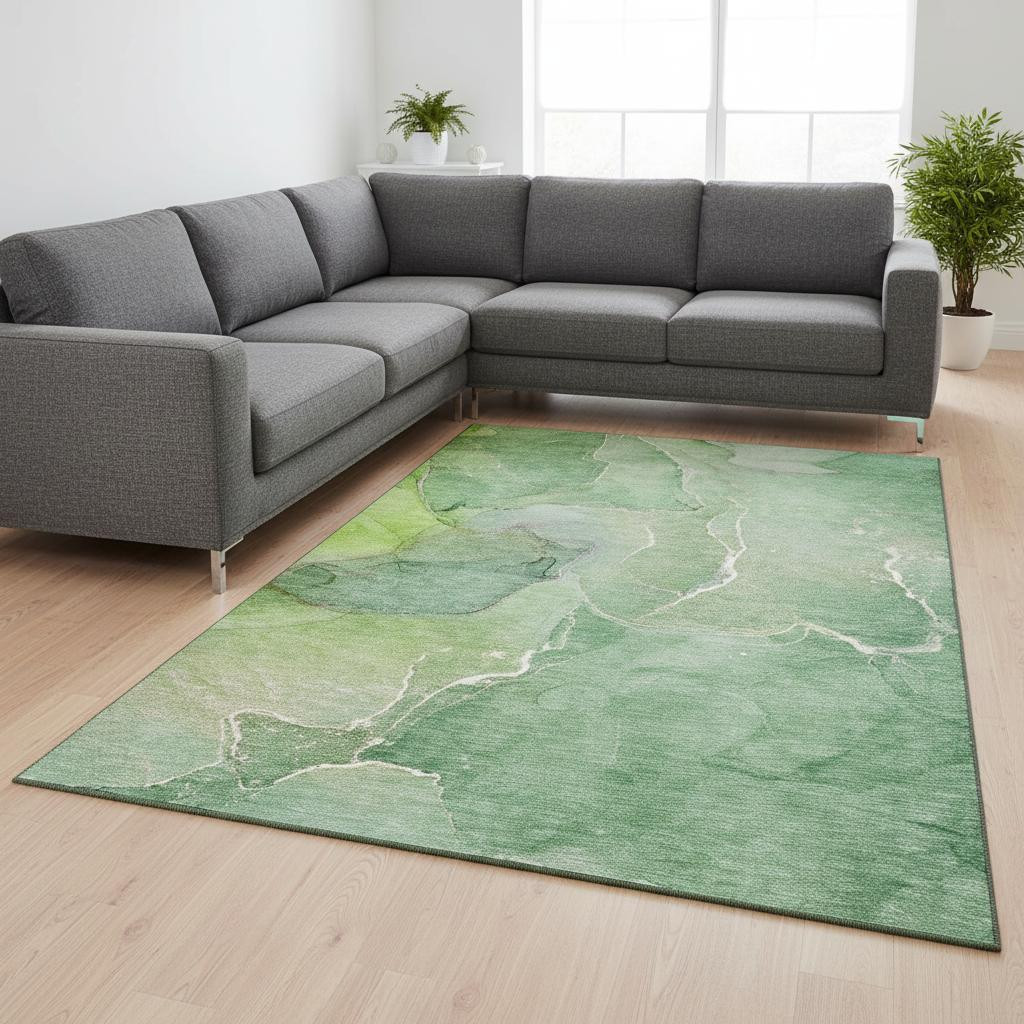 646982 8 x 10 ft. Green & Ivory Abstract Transitional Washable Machine Made Rectangle Area Rug with UV Protection