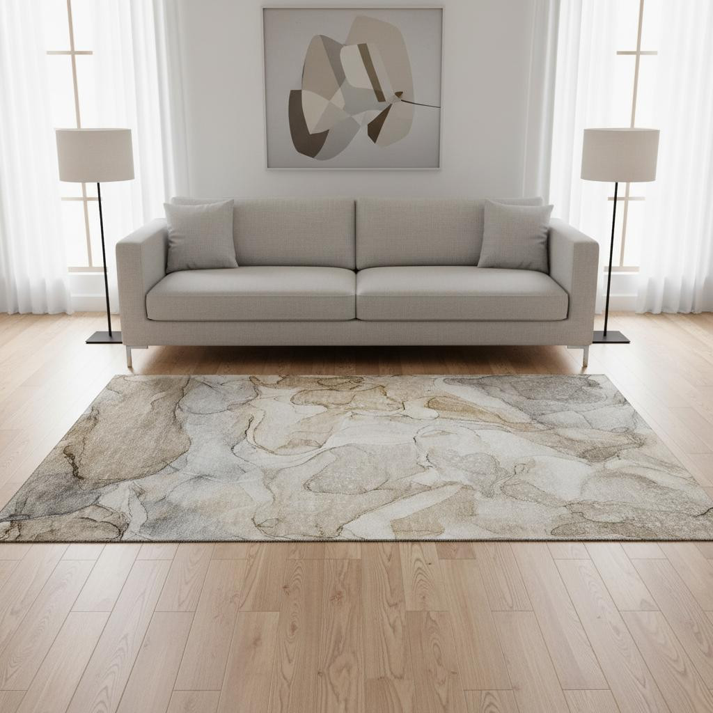 646998 5 x 8 ft. Beige & Ivory Abstract Transitional Washable Machine Made Rectangle Area Rug with UV Protection