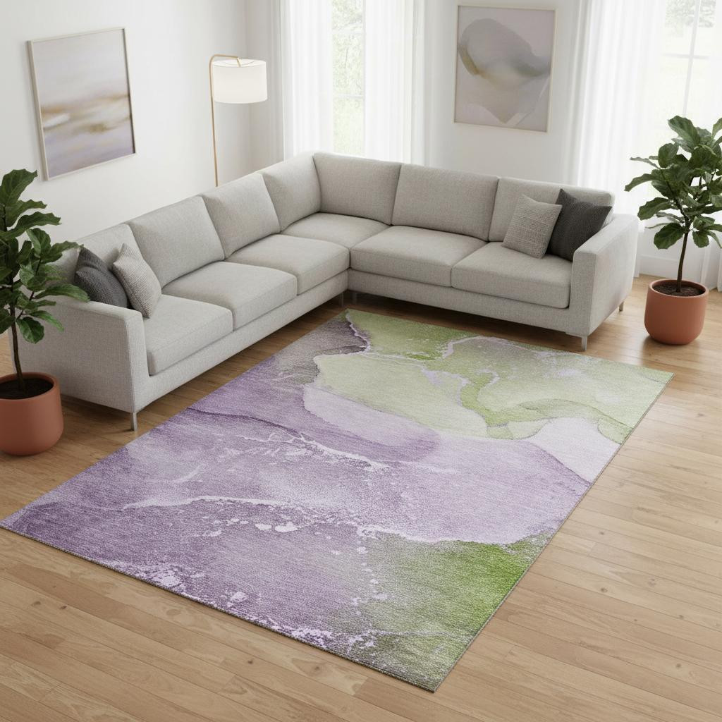 647210 8 x 10 ft. Purple, Green & Ivory Abstract Transitional Washable Machine Made Rectangle Area Rug with UV Protection