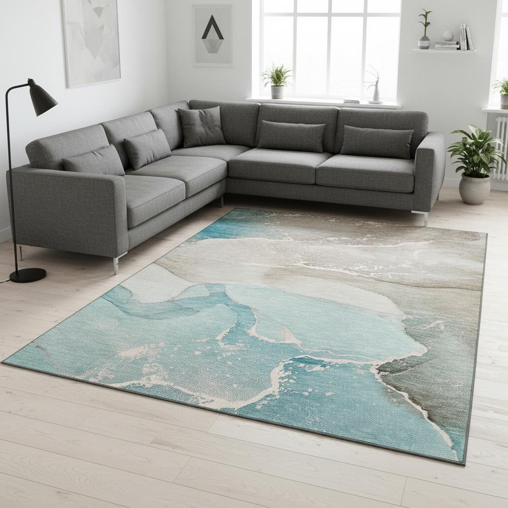 647217 9 x 12 ft. Teal Beige & Ivory Abstract Washable Machine Made Rectangle Area Rug with UV Protection